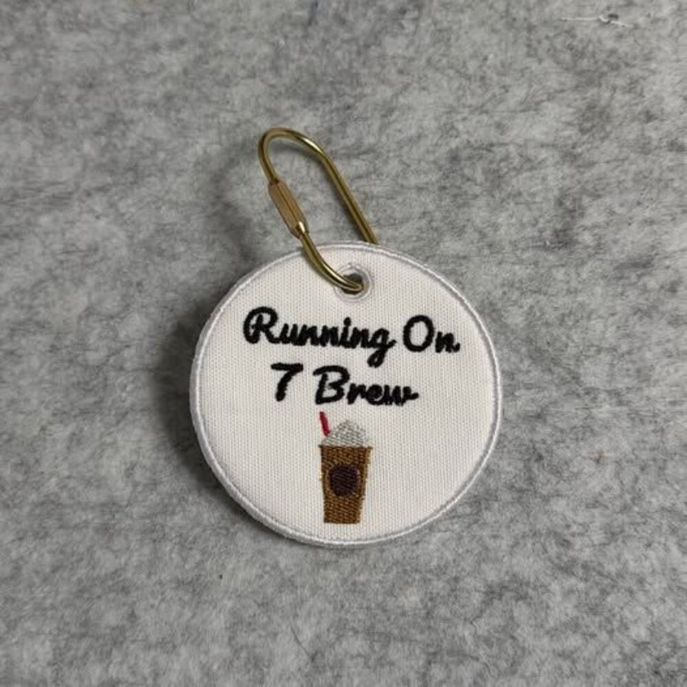 Running On 7 Brew Keychain Coffee Lover Bag Tag Bag Charm Embroidered Key Ring